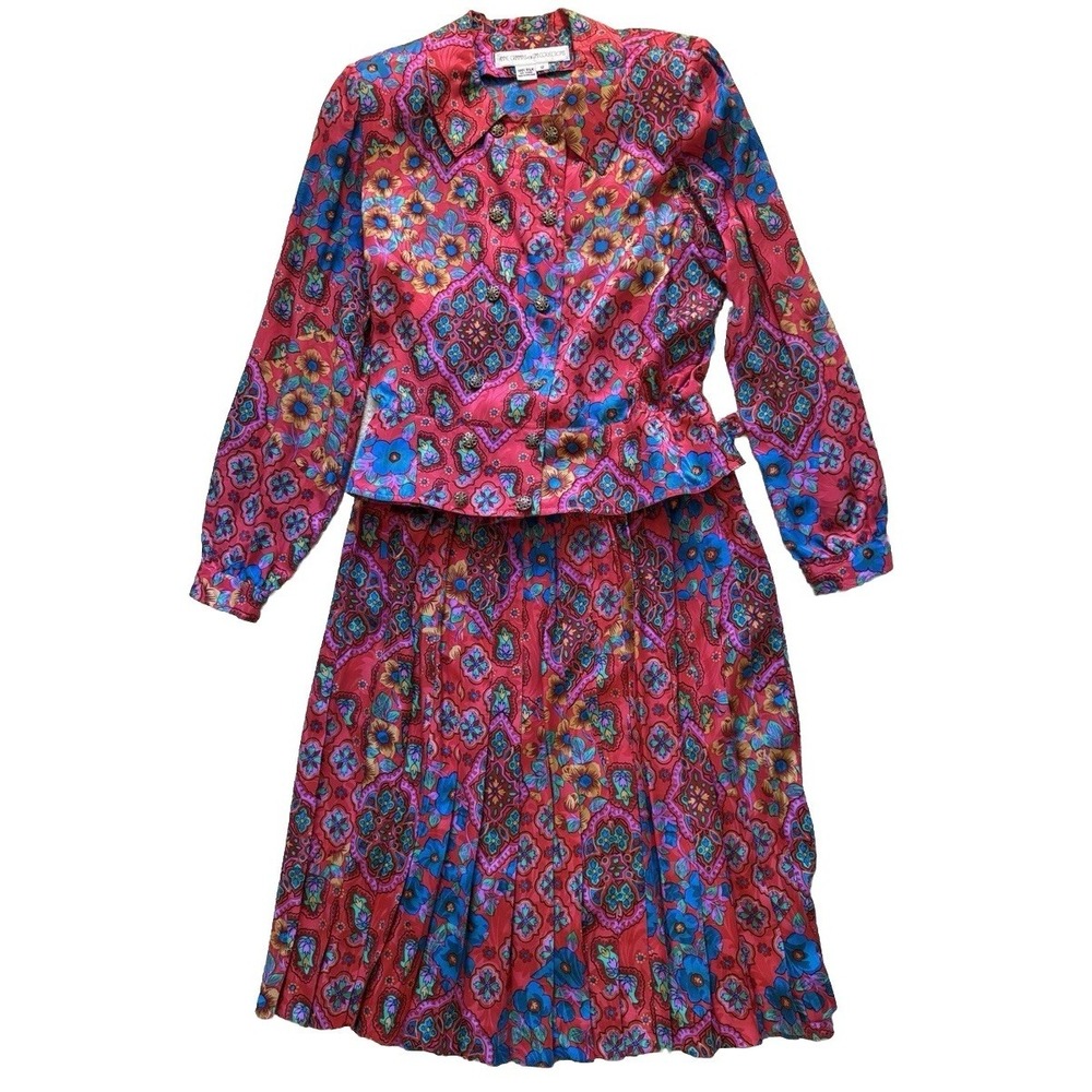 Anne Crimmins Silk Skirt Suit Set Red Floral Vintage Size 12 UMI